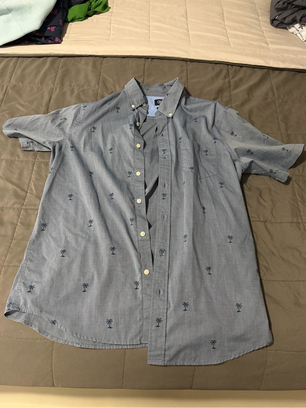 Chaps Light Blue Short-Sleeve Button-Down Shirt with Palm Motif